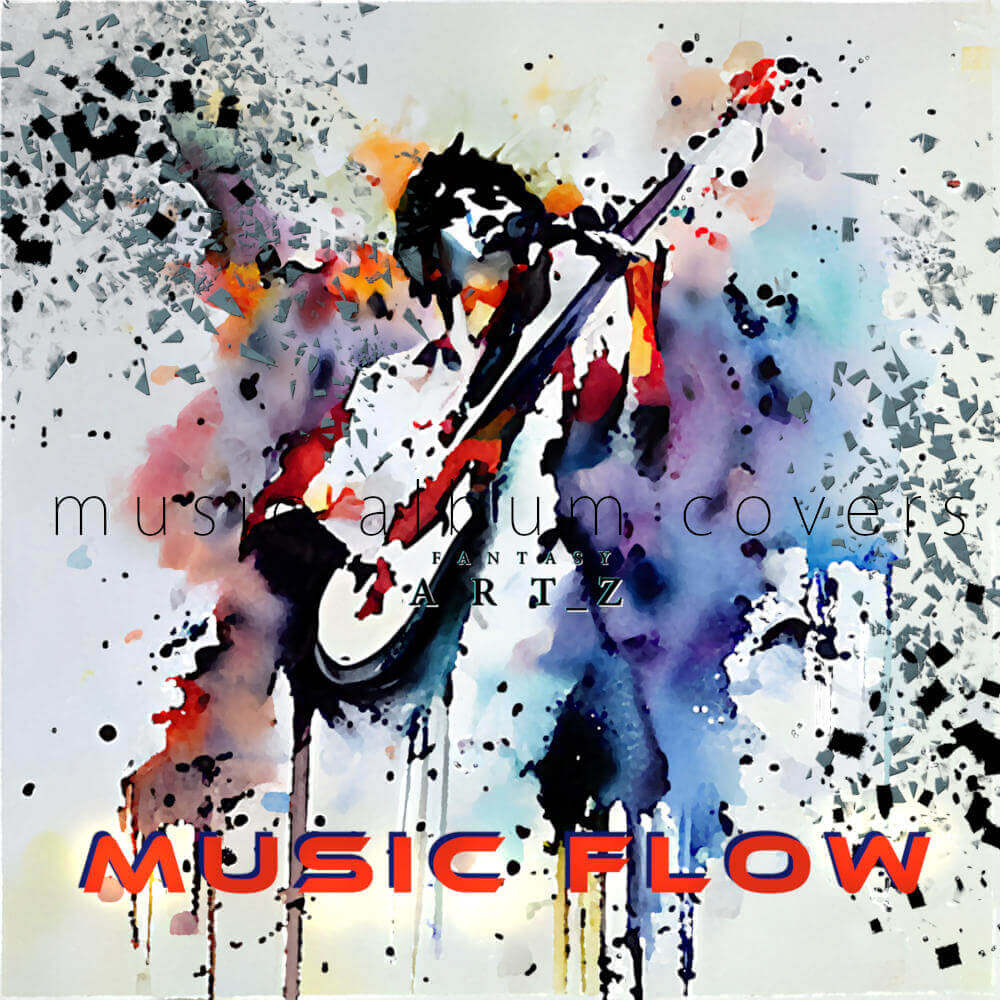 Abstract album cover with guitarist silhouette surrounded by colorful paint splatters and ink effects