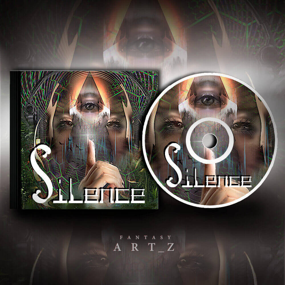 Mystical woman with finger to lips silence gesture album cover art, third eye symbolism and glitch effects for electronic music