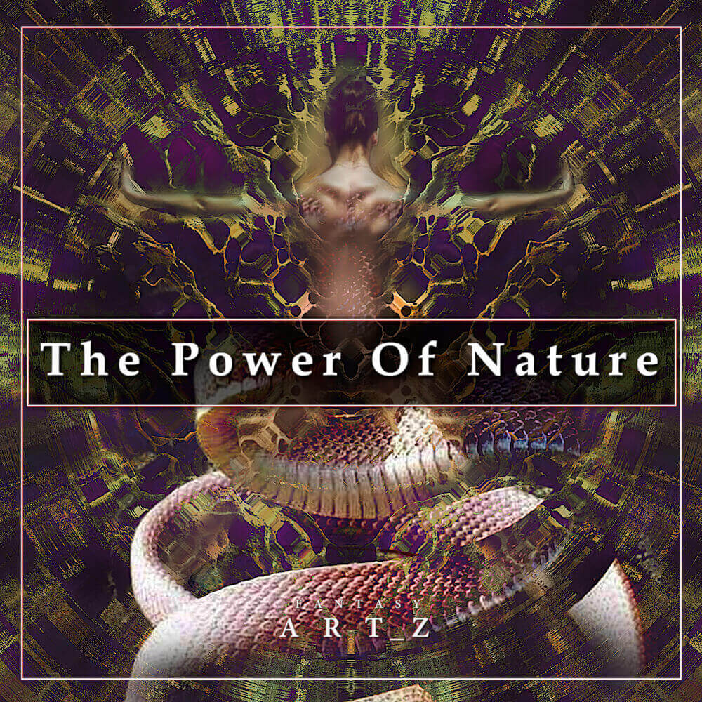 Premade music album cover design 'The Power of Nature' featuring symmetrical human figure with serpent imagery, purple and gold kaleidoscope effects