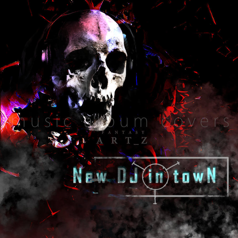 New DJ in Town album cover featuring skull with headphones surrounded by red and blue shattered glass effects - electronic music artwork