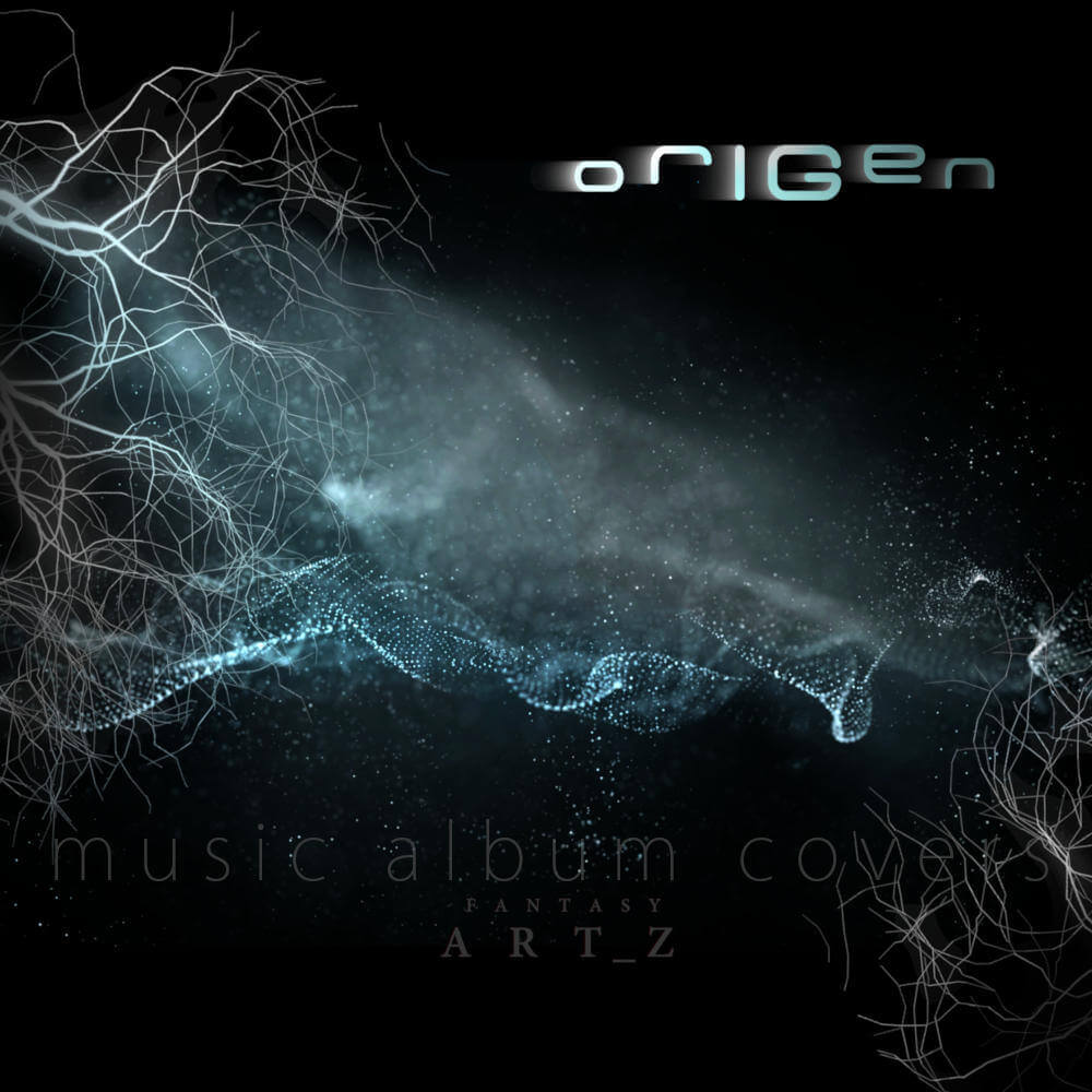 Origen premade music album cover featuring abstract blue particle wave with neural network patterns and cosmic background - ambient electronic music artwork