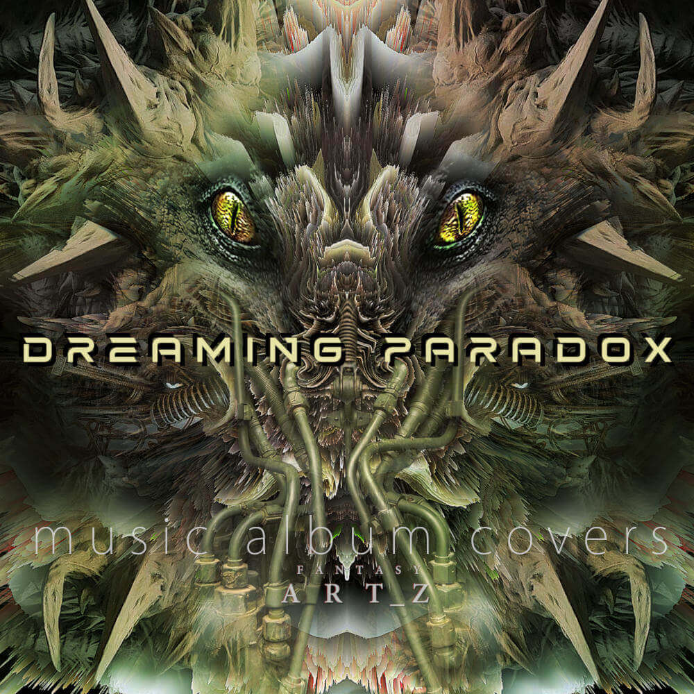 Dreaming Paradox album cover featuring fantasy dragon creature with golden eyes and symmetrical design in dark green tones - fantasy music artwork