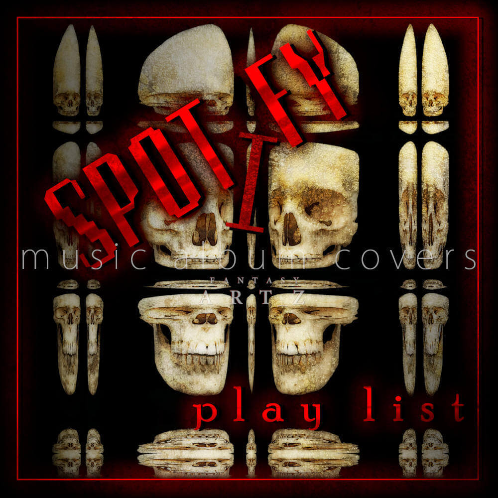 Spotify playlist album cover featuring vintage skull and teeth arrangements in gothic symmetrical pattern with red text on black background