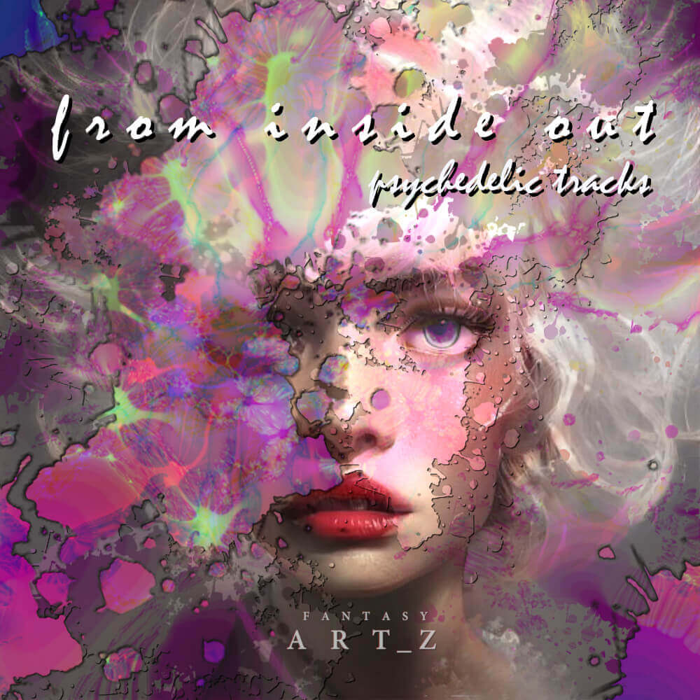 Woman's face with cracked paint effects and vibrant purple pink color splashes, artistic distressed texture for psychedelic music