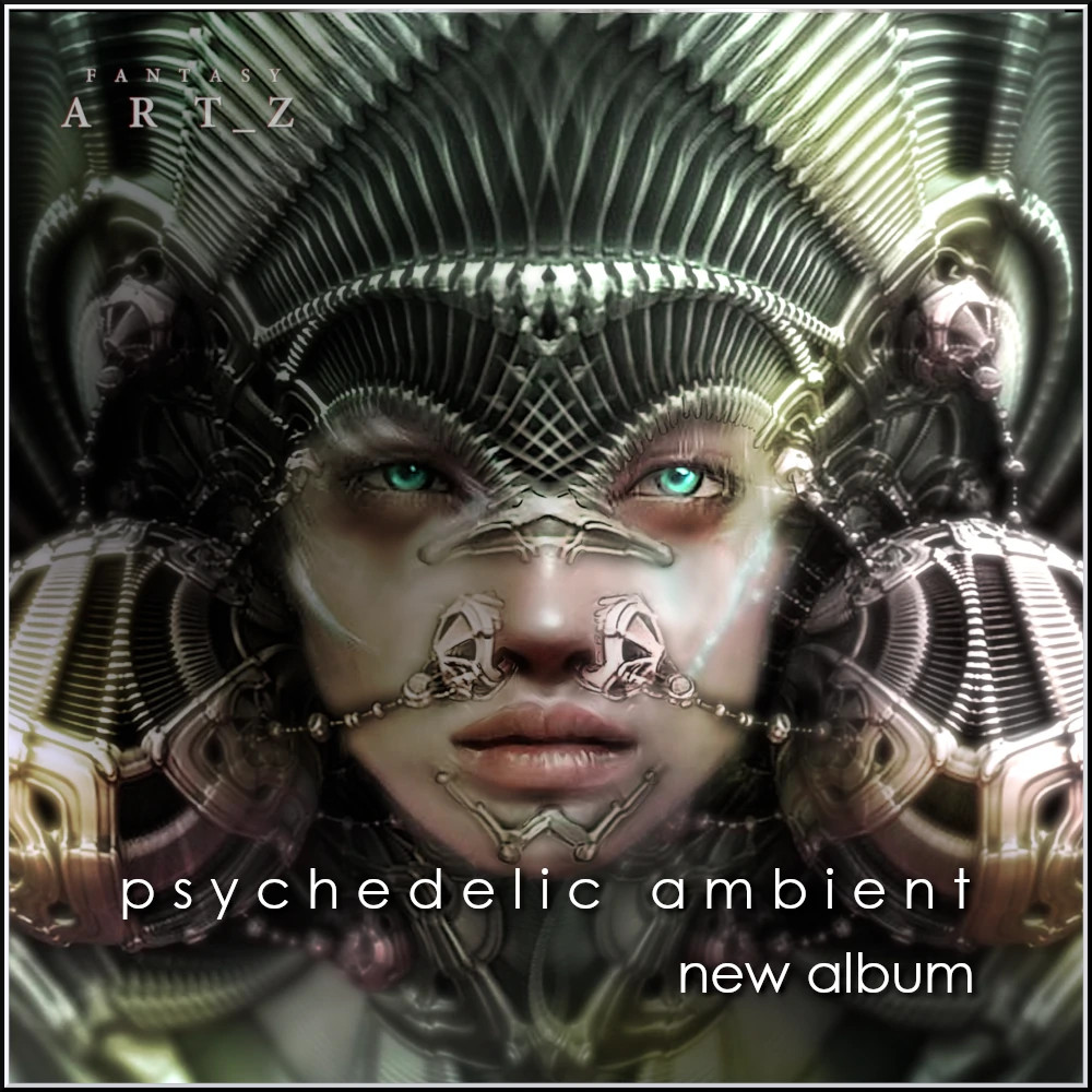 Trippy album cover featuring woman's face with ornate metallic headpiece and piercing green eyes in psychedelic style for ambient music