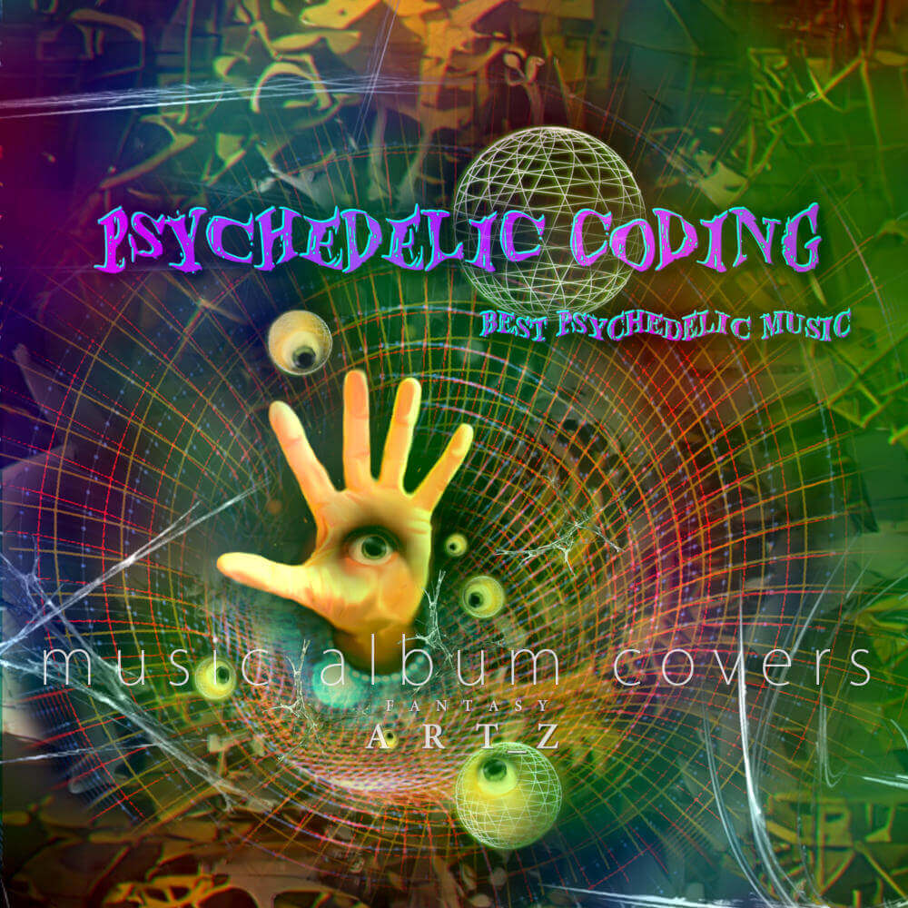 Psychedelic album cover with surreal hand, eye, and geometric spheres in vibrant colors