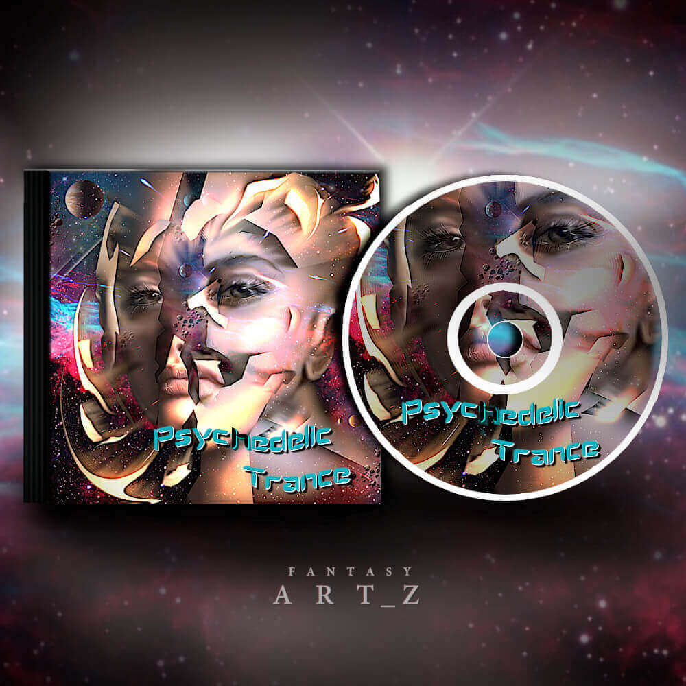 Premade music album cover design 'Psychedelic Trance' showing CD case and disc with surreal portrait featuring multiple faces, cosmic effects, and space background