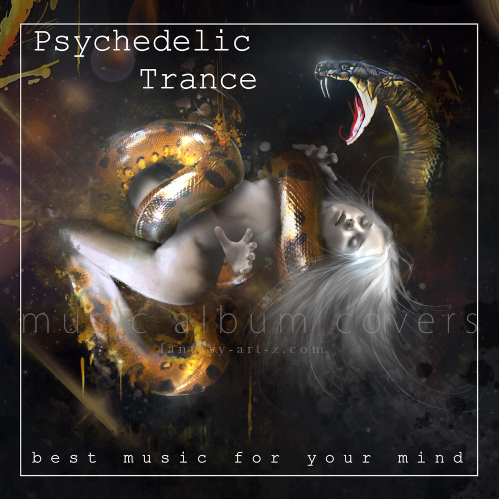 Premade music album cover design 'Psychedelic Trance' featuring ethereal woman with serpent, golden lighting effects, and 'best music for your mind' tagline