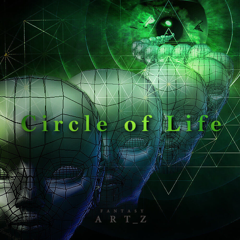 Circle of Life album cover featuring wireframe human face with geometric patterns and green mystical lighting effects
