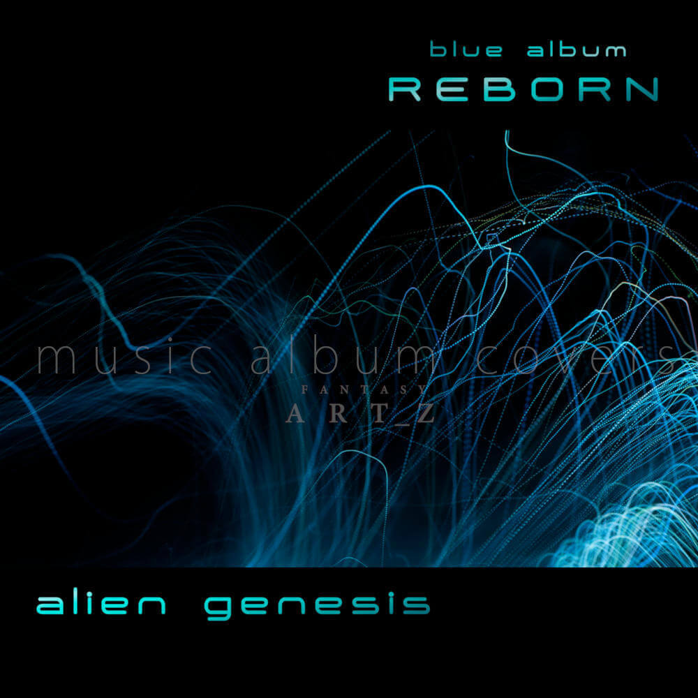 Reborn blue album cover with flowing digital waves and cyan text on black background
