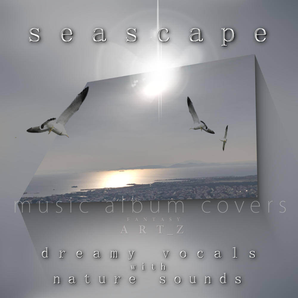 Seascape dreamy vocals album cover with flying seagulls, coastal sunset, nature sounds theme