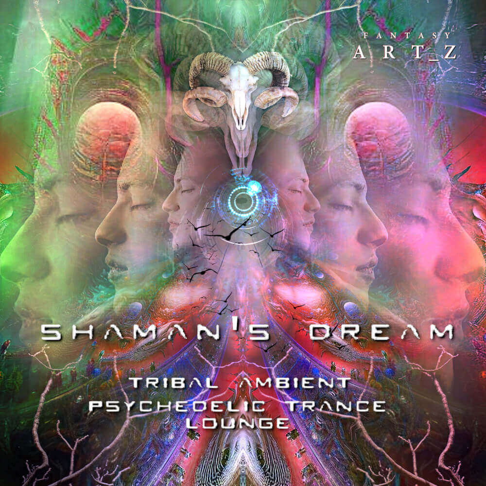 Shamanic album cover art with ram skull headdress, multiple faces, colorful psychedelic effects and tribal elements for ambient trance music