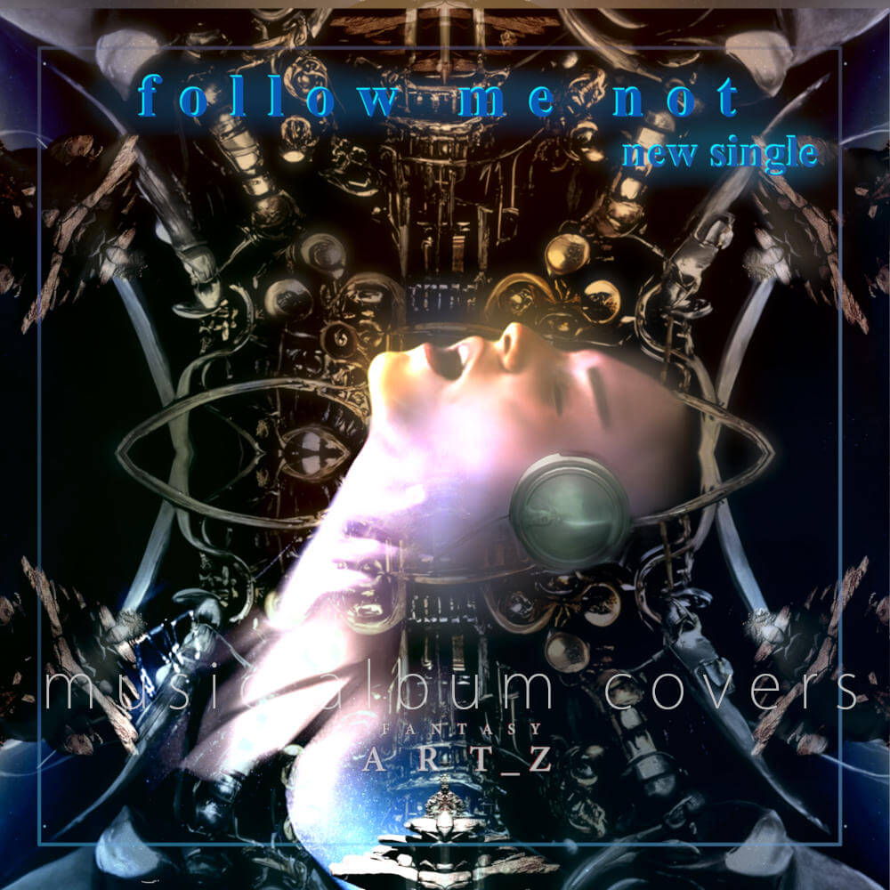 Follow Me Not new single cover with luminous face, steampunk machinery, gears and mechanical devices