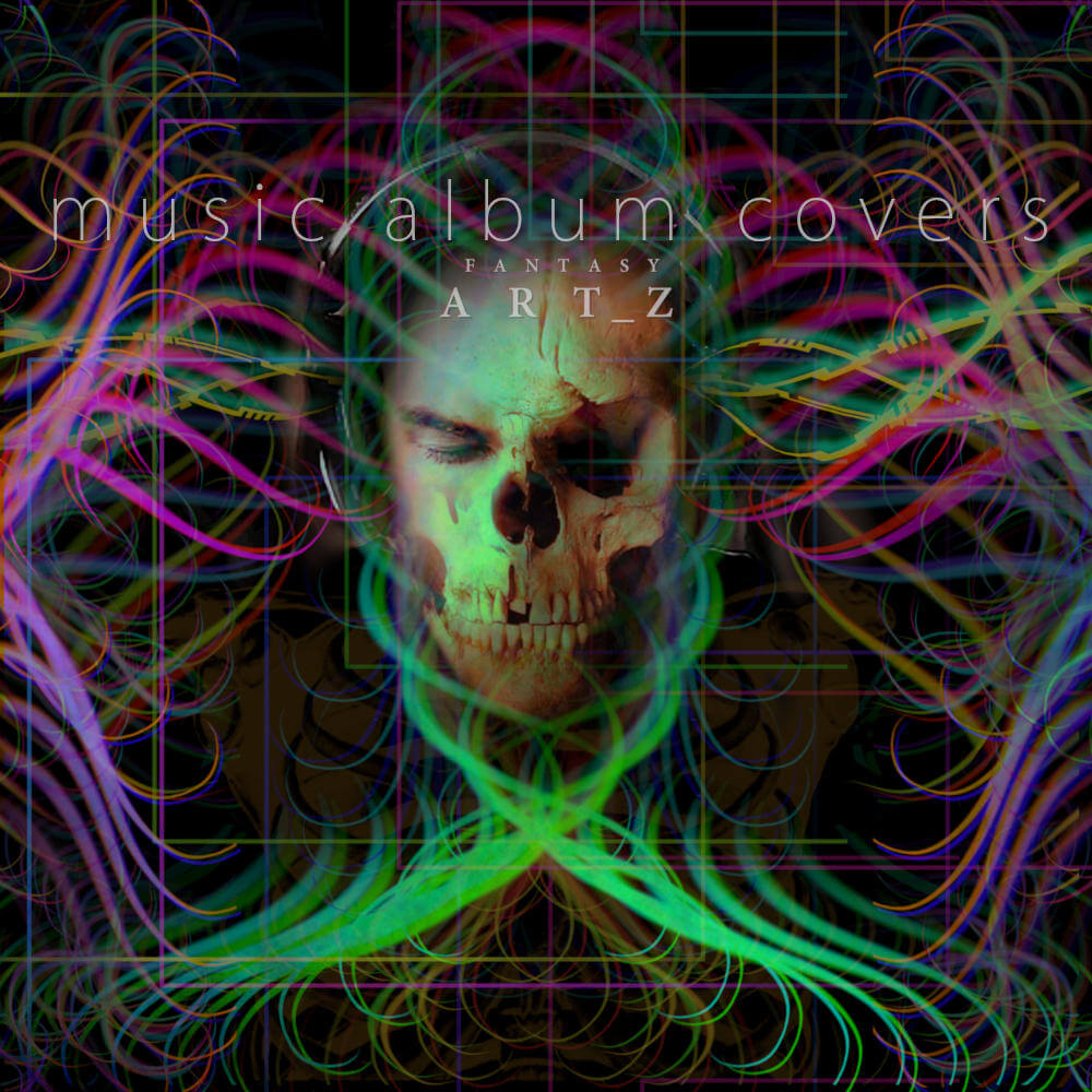 Psychedelic skull album cover with neon energy patterns, colorful waves, geometric grid design