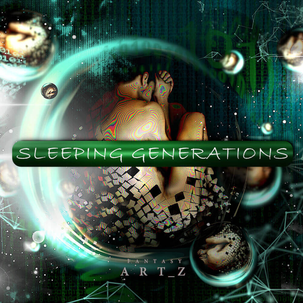 Sleeping Generations album cover featuring psychedelic figure dissolving into digital fragments within cosmic bubble environment