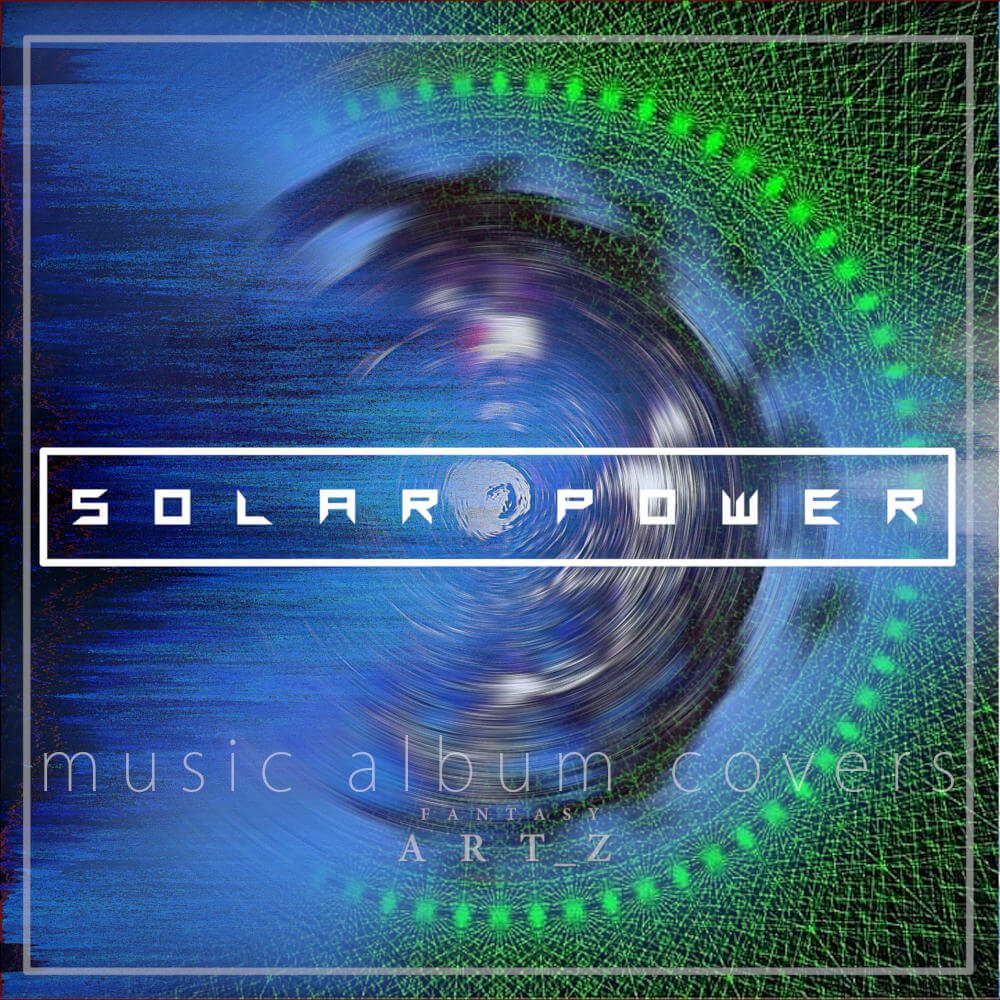 Solar Power album cover with digital spiral, green grid pattern, futuristic blue sci-fi design