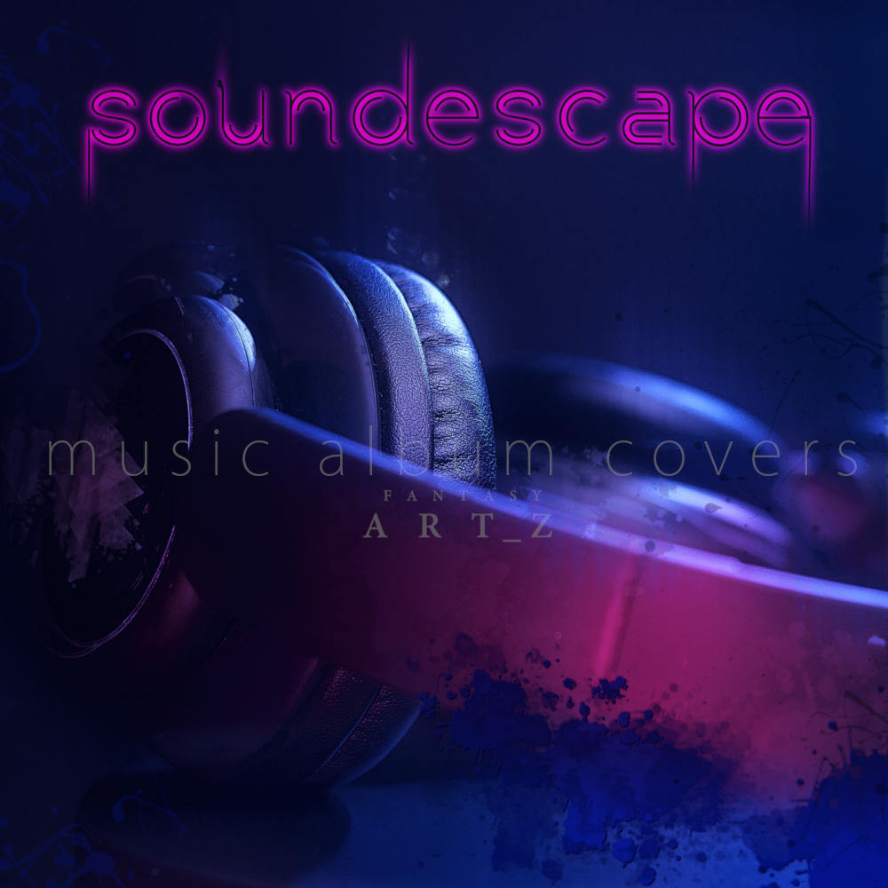 Soundescape album cover with headphones, neon pink typography, blue purple gradient background