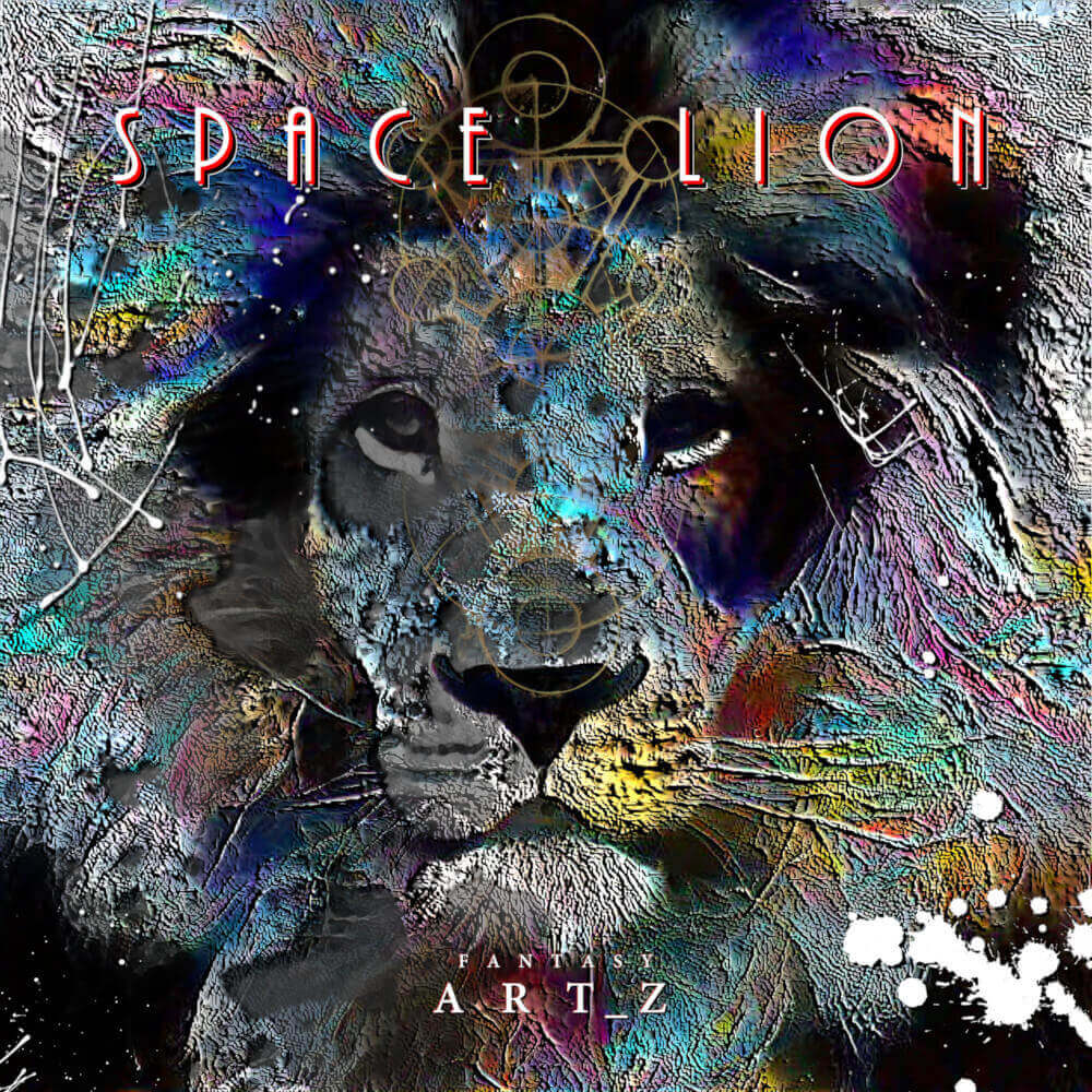 Space Lion album cover featuring psychedelic lion face with colorful swirling textures and cosmic effects