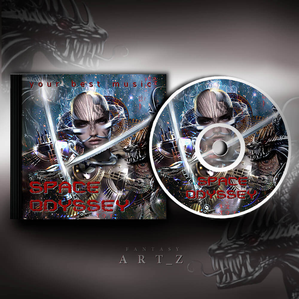 Space Odyssey Fantasy Album Cover - Sci-Fi Warrior Music Art with Dragon
