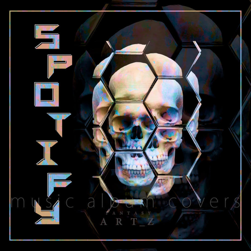Spotify album cover with multiple skulls, hexagonal grid pattern, holographic chrome effects