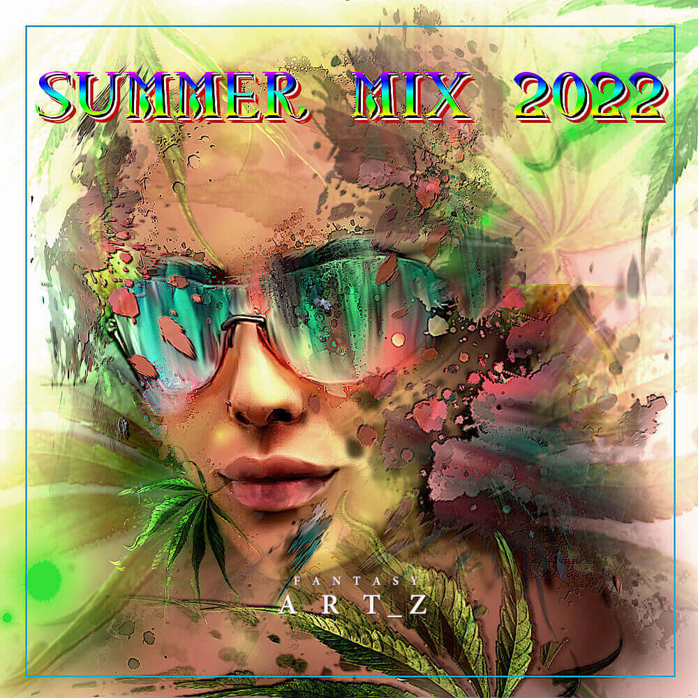 Summer music mix premade album cover with woman wearing sunglasses and tropical leaves