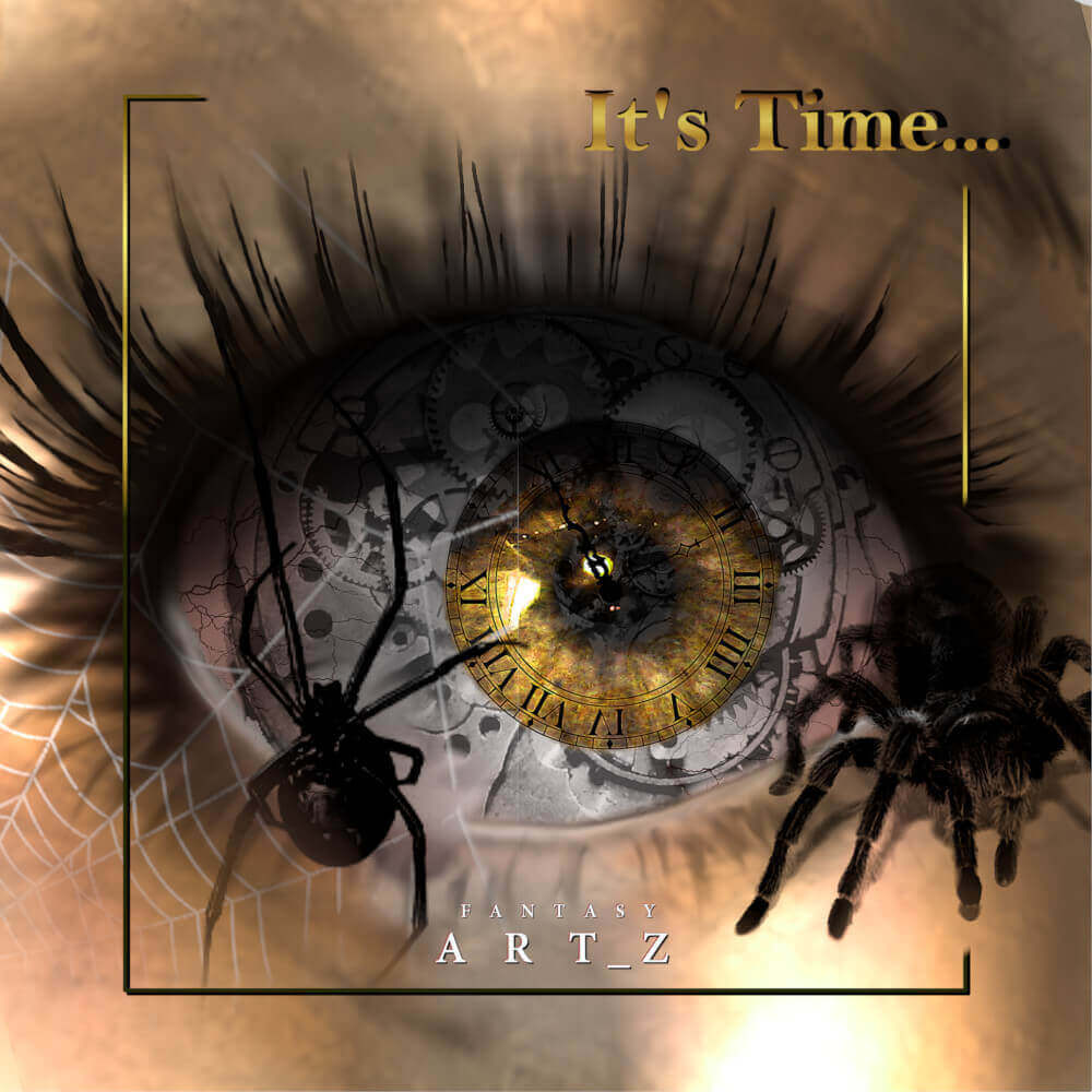 It's Time premade album cover with steampunk eye clock design and black spiders on web