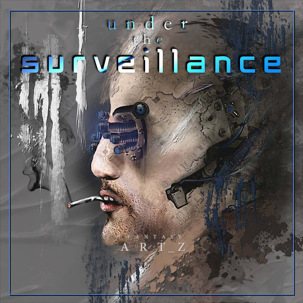 Cyberpunk album cover art with man's face featuring mechanical eye implants, cigarette, and dystopian surveillance theme for electronic music