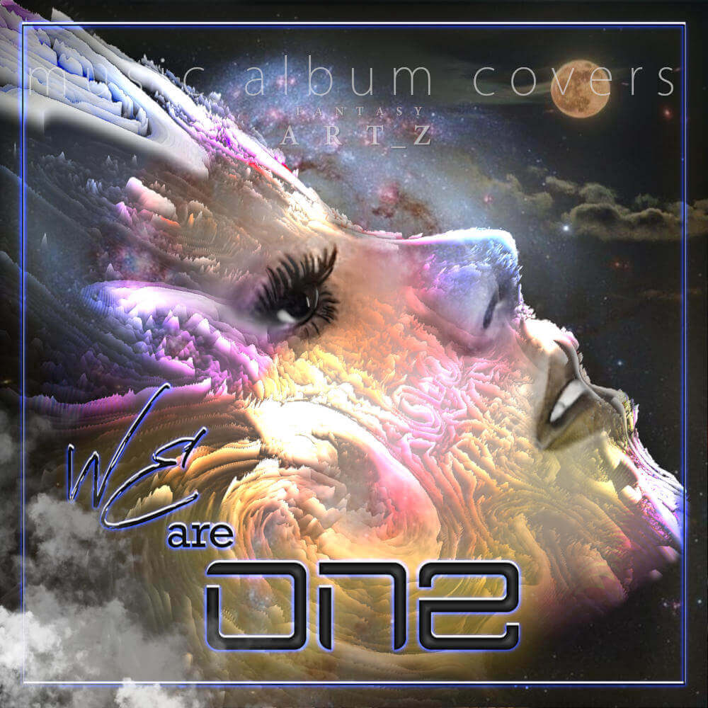 Fantasy album cover art featuring surreal face with purple and gold colors, space background with moon - We Are One design