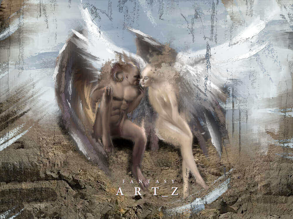 Fantasy digital art featuring nude angel and demon figures with large wings in intimate pose
