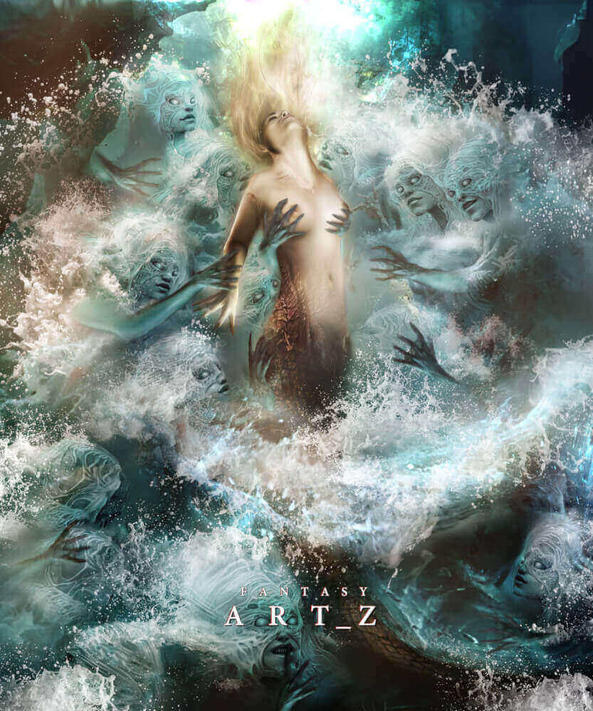 Fantasy digital art depicting nude mermaid surrounded by water spirits and splashing waves