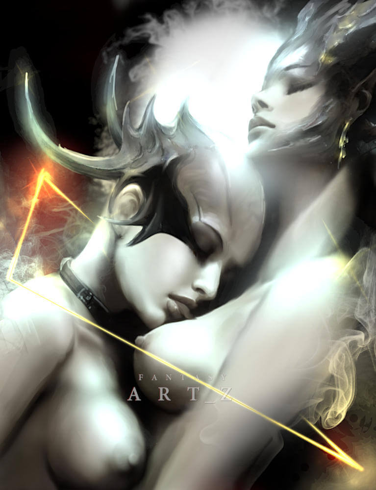 Fantasy art depicting two female ethereal figures in an intimate embrace with dramatic lighting and horned elements, artistic nudity