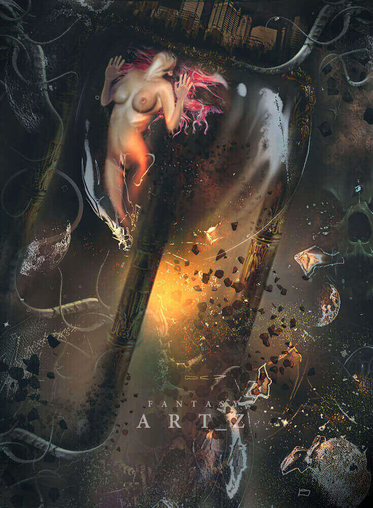 Dark fantasy digital art featuring nude female figure with red hair inside the broken hourglass