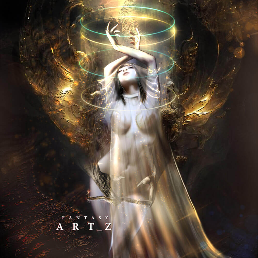 Beautiful nude woman is dancing in demons handsin golden colors, fantasy erotic art