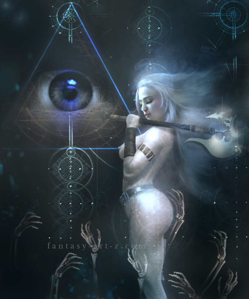 Dark fantasy art with artistic nudity featuring blonde warrior with axe against giant eye inside the tiangle