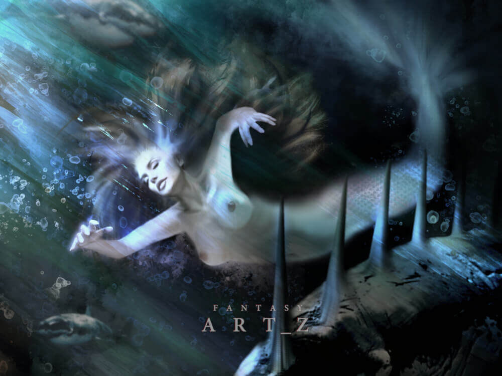 Underwater fantasy art depicting mermaid in mystical aquatic environment with ethereal lighting