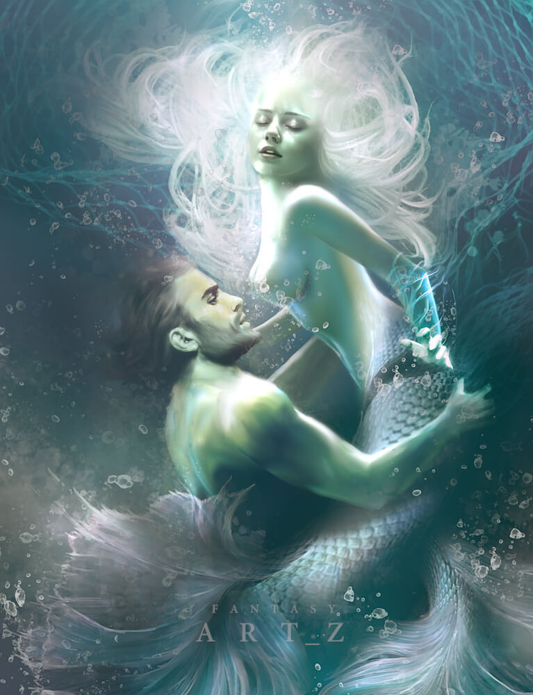 Fantasy art of mermaid with flowing white hair embracing human man underwater with bubbles and ethereal lighting in romantic scene