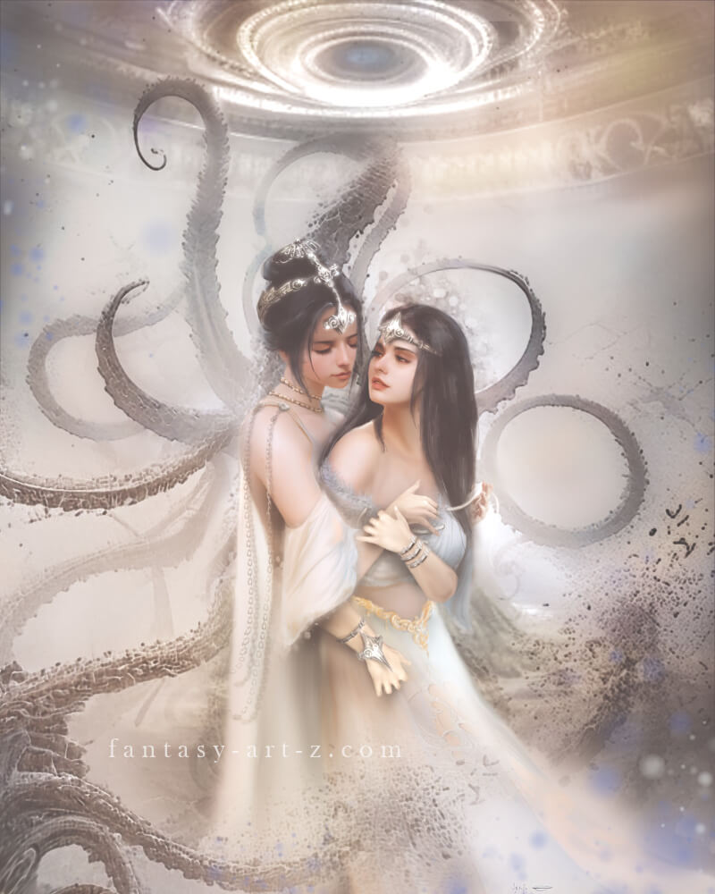 Fantasy celestial lovers art - two women with ornate jewelry embracing under divine light portal with flowing tentacles in ethereal setting