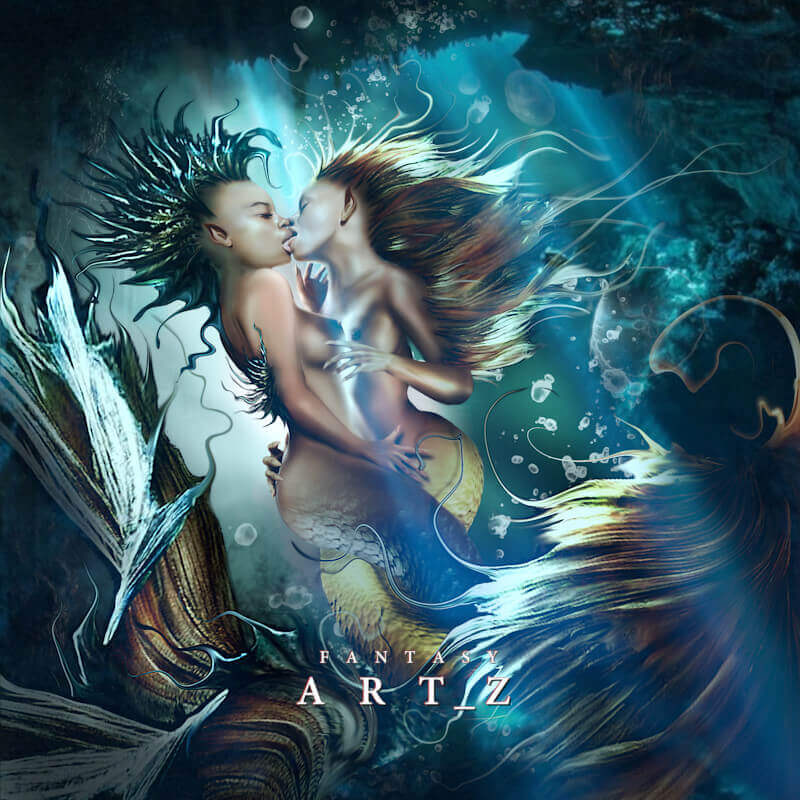 Fantasy art depicting two mermaids or sea creatures in an underwater embrace with flowing hair and aquatic elements, artistic nudity