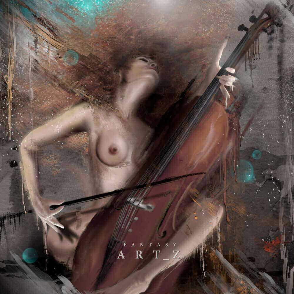 Nude woman passionately playing a cello in an abstract fantasy composition with cosmic and emotional tones