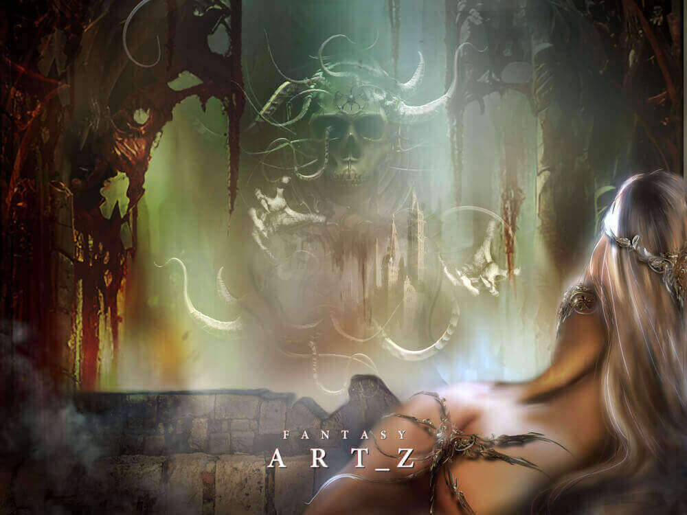 Dark fantasy digital art featuring nude woman facing large demonic skull entity with horns and tentacles