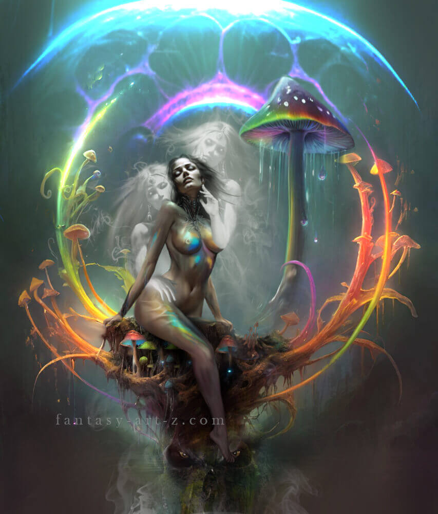 Fantasy digital artwork featuring artistic nudity - a female figure with dark hair surrounded by ghostly apparitions, sitting among vibrant glowing mushrooms and magical flora with colorful energy swirls and mystical lighting effects