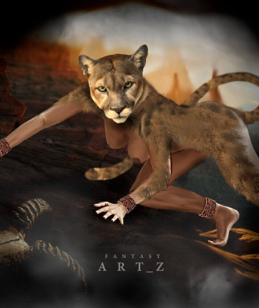 Fantasy digital art depicting half nude woman half large mountain lion or cougar in cave setting
