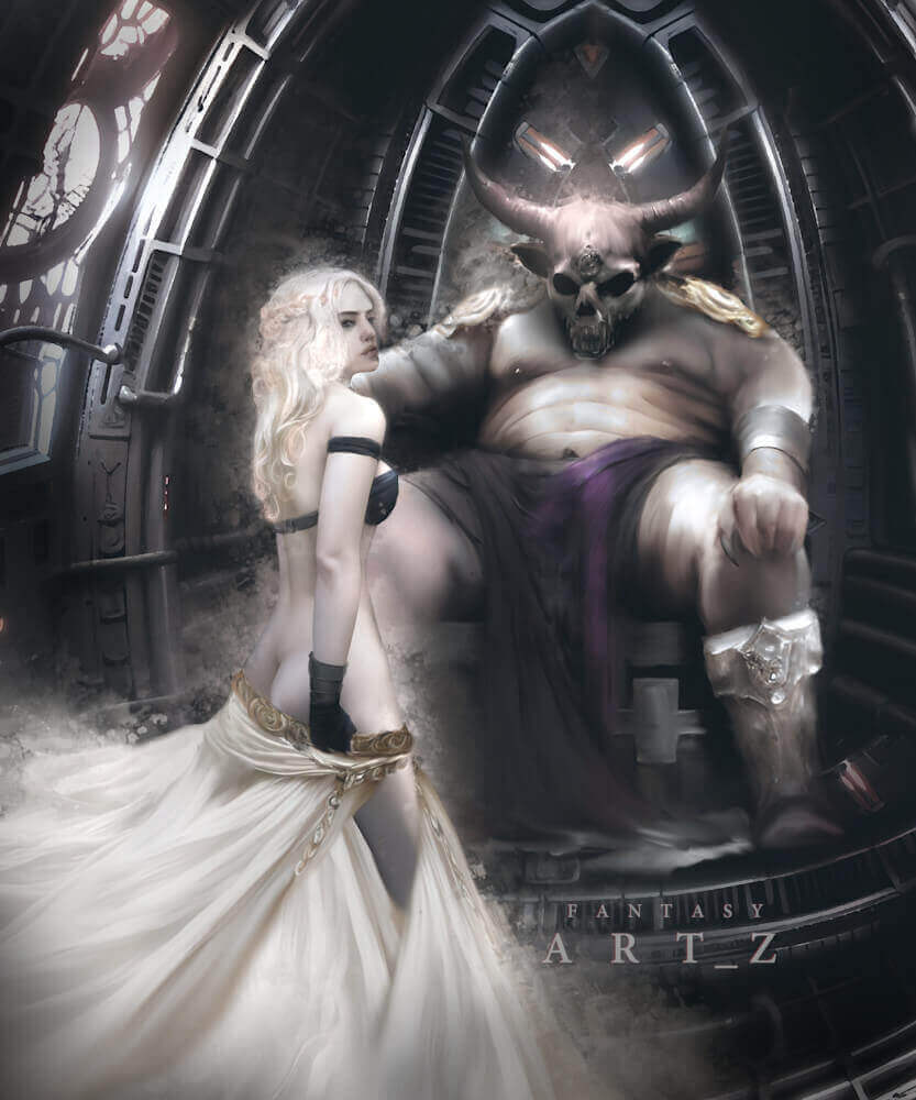 Dark fantasy art showing blonde figure before horned demon ruler on ornate throne in gothic chamber