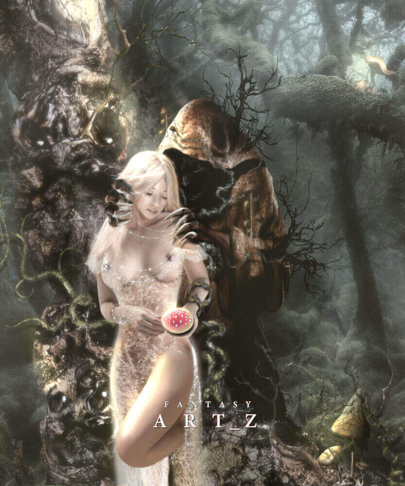 Nude dark fantasy art depicting hooded figure offering red fruit to blonde woman in enchanted forest setting