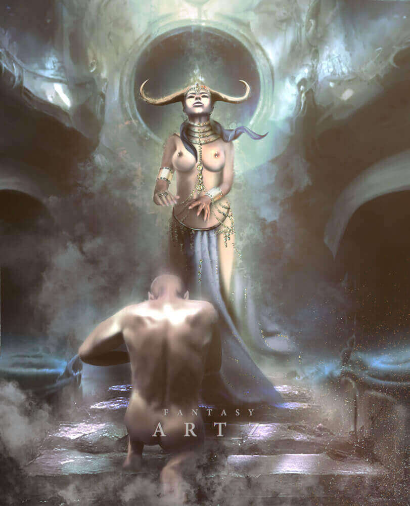 Naked horned goddess standing on a misty altar while a kneeling male figure bows before her in a fantasy temple with surreal lighting and divine ambiance.