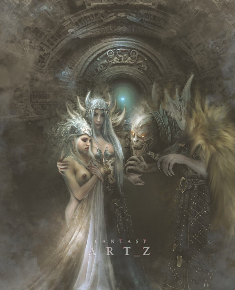 Fantasy art with partial nudity depicting beings in ancient stone archway with mystical light