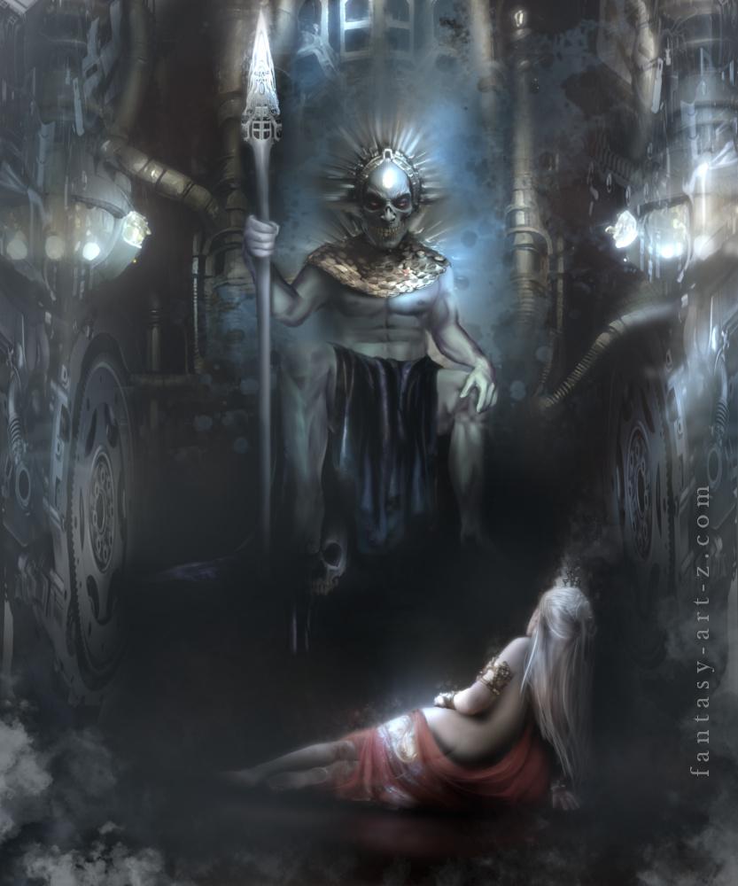 Dark fantasy artwork showing a skeletal figure with glowing crown and staff looming over a kneeling woman in red robes within a gothic cathedral setting