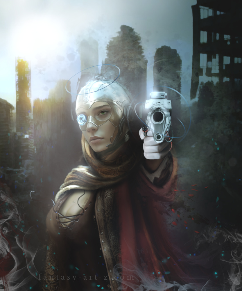 Dark sci-fi artwork of a cyberg woman in gothic clothing pointing a gun directly at viewer in apocaliptic settings