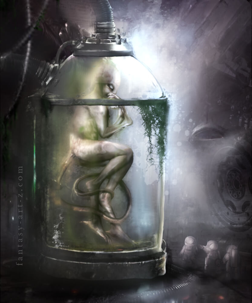 Dark sci-fi artwork depicting a figure suspended in a cylindrical glass chamber filled with green liquid in an industrial laboratory setting
