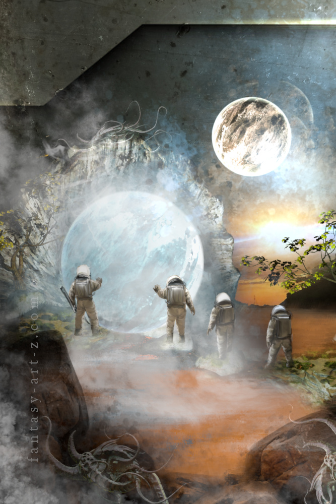 Four astronauts in spacesuits exploring an alien cave with glowing portal and mysterious tentacled creatures overhead